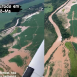 Cheia no Rio Dourados deixa estrada submersa e invade plantações.