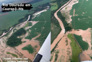 Cheia no Rio Dourados deixa estrada submersa e invade plantações.