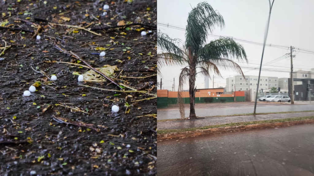 Granizo acompanha chuva e transforma dia em Campo Grande.